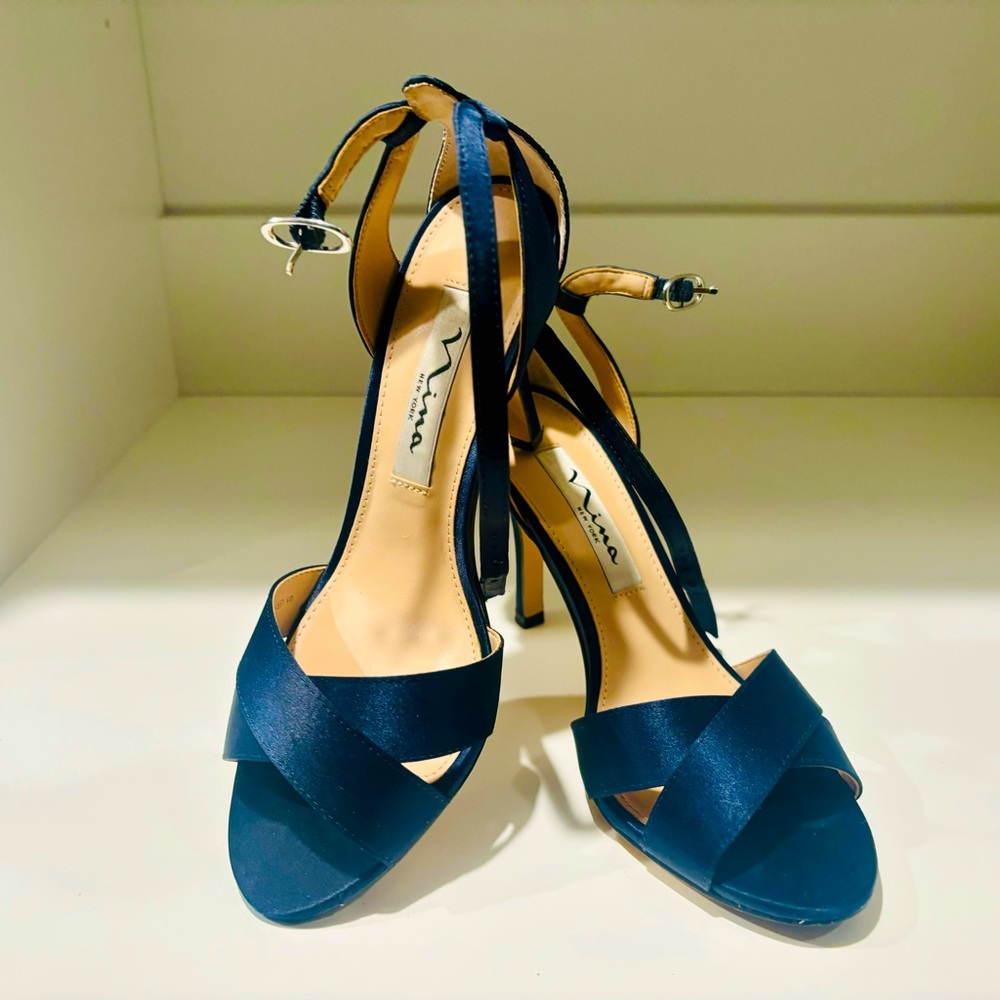 Nina navy satin heeled sandals